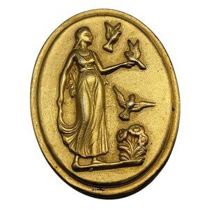 Helen of Troy Cameo Brooch Gold Plated Intaglio Signet Oval Greek Scene Vintage